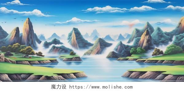 传统中式水墨山水画壁画AI插画中国画自然风景
